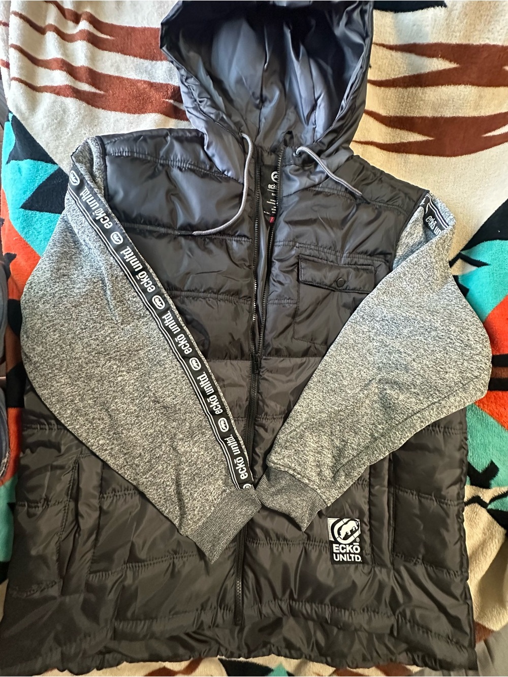 Ecko Unlimited Men’s Black Puffer Jacket with Gray Knit Sleeves